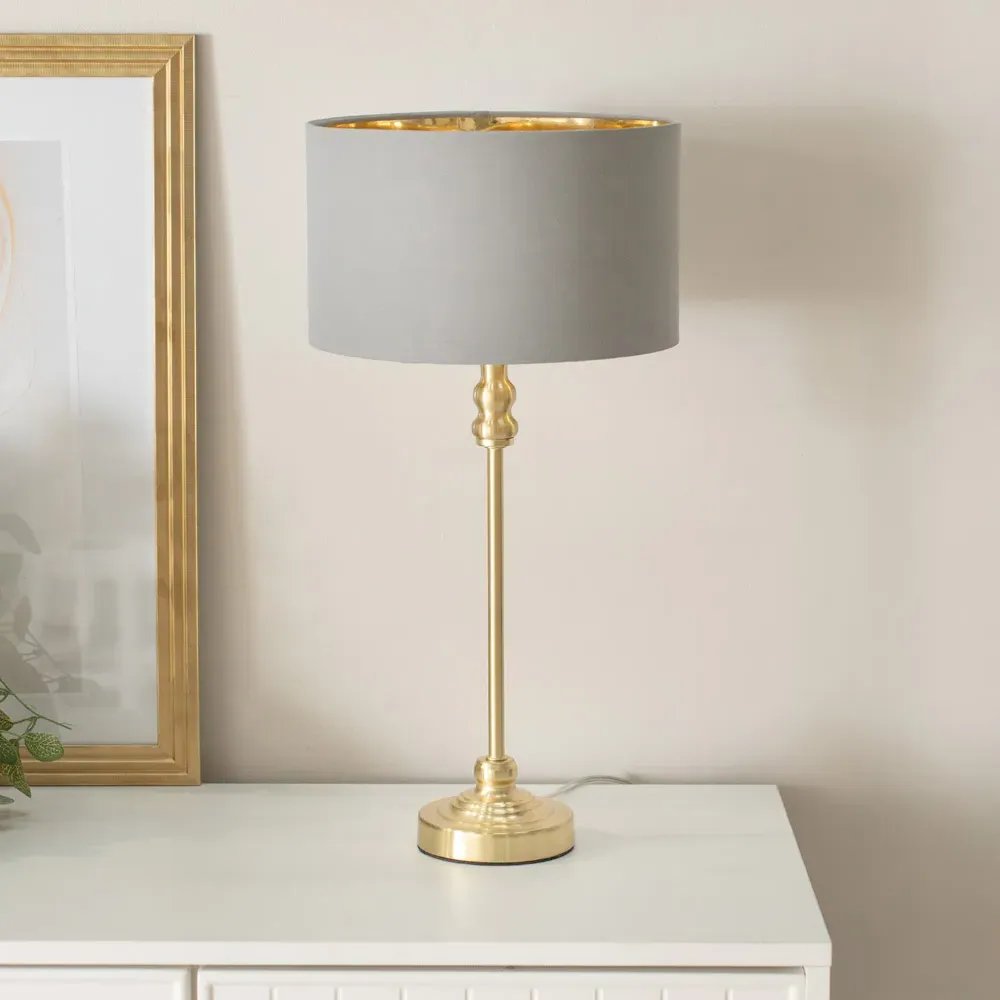 Maggie Candlestick LED Table Lamp - Gold, Grey Fabric