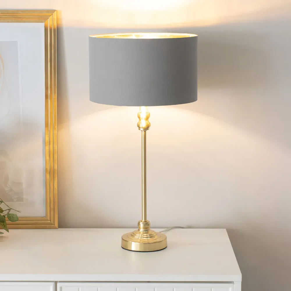 Maggie Candlestick LED Table Lamp - Gold, Grey Fabric