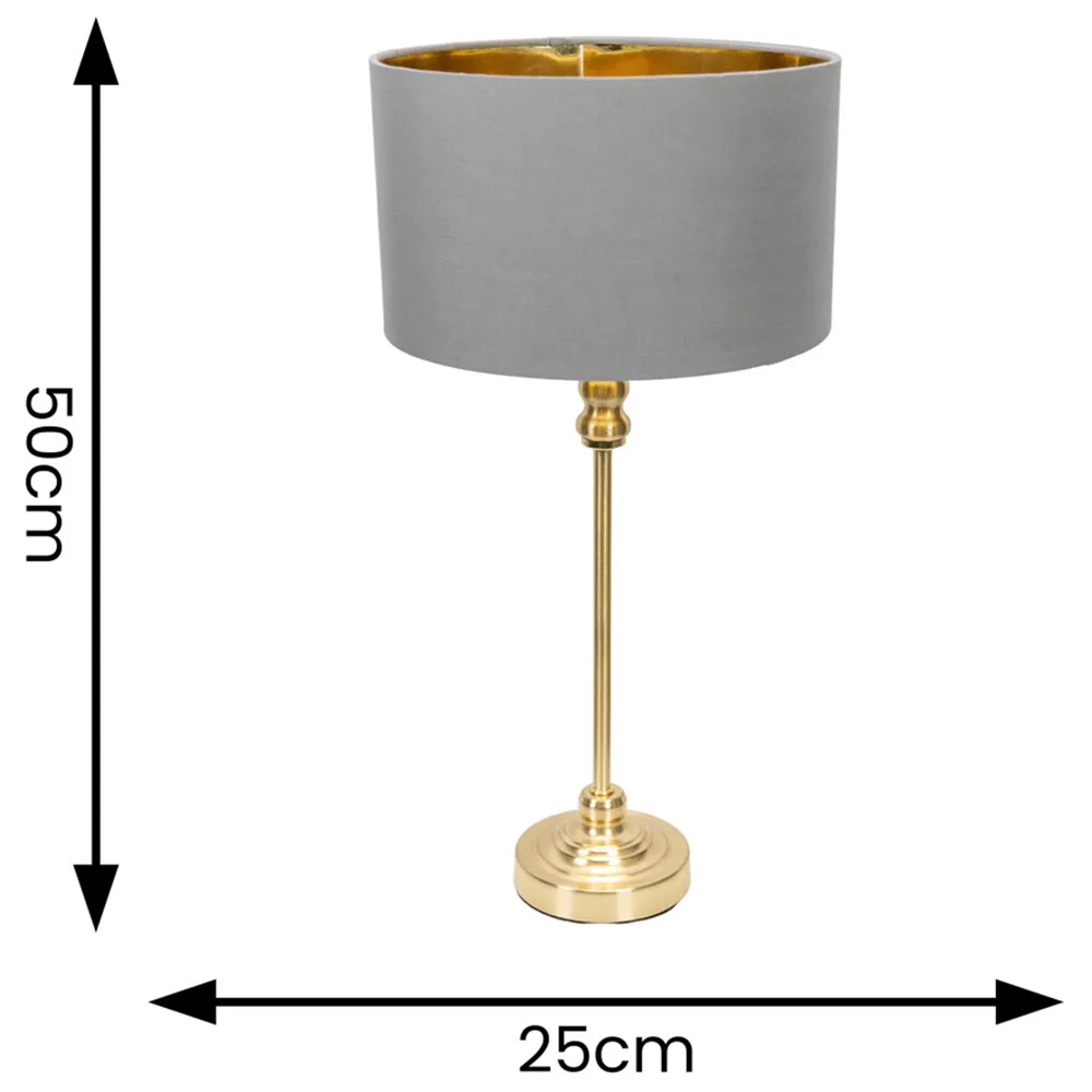 Maggie Candlestick LED Table Lamp - Gold, Grey Fabric