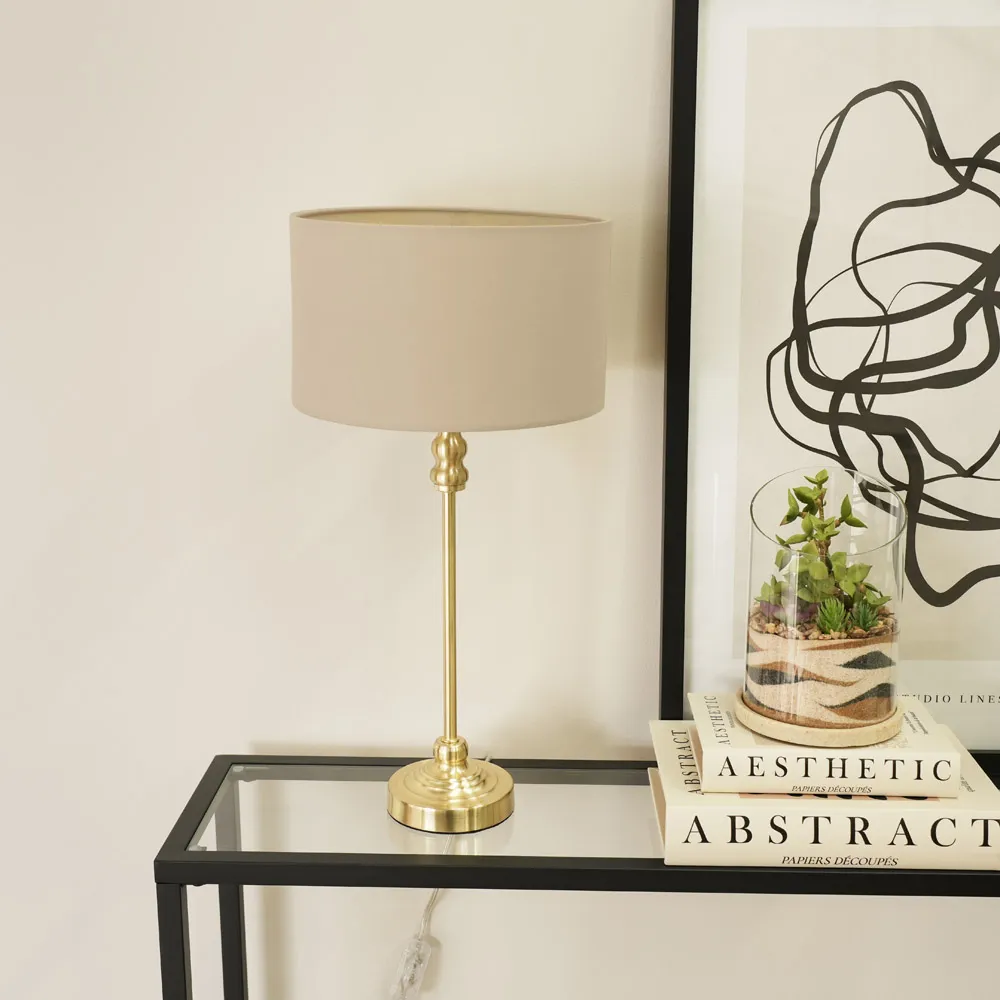 Maggie Candlestick LED Table Lamp - Gold, Natural Fabric