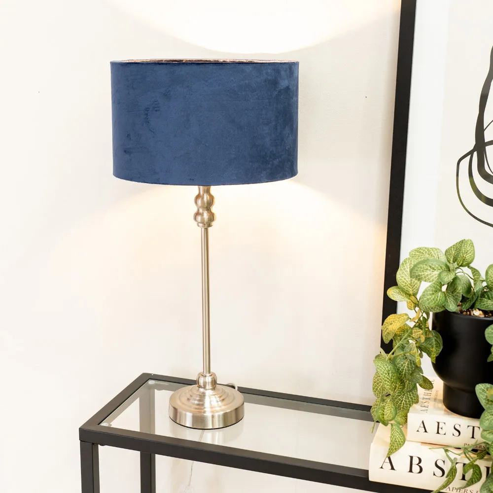 Maggie Candlestick LED Table Lamp - Navy Blue, Velvet