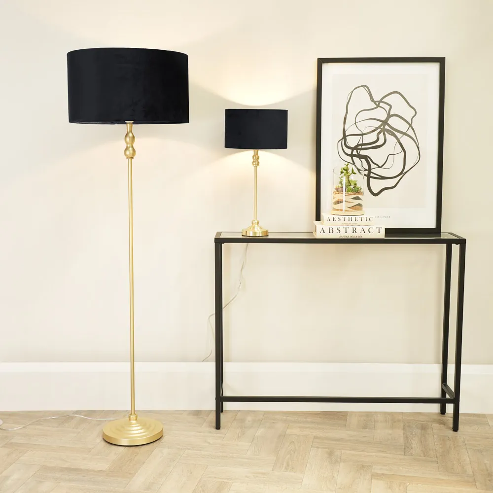 Maggie Drum Shade Candlestick LED Floor Lamp - Gold, Velvet