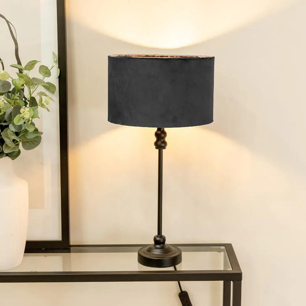 Maggie Drum Shade Candlestick LED Table Lamp - Black, Velvet