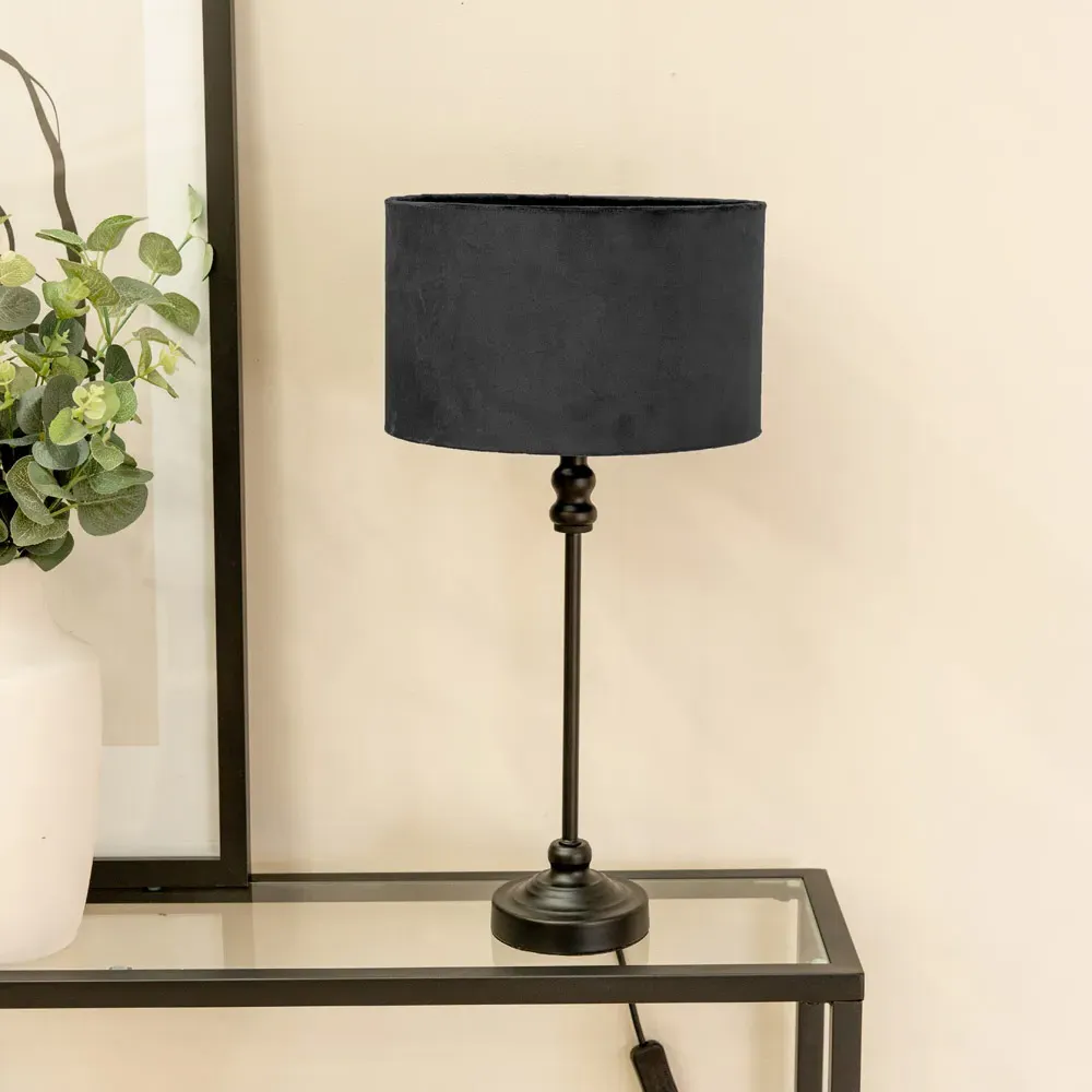Maggie Drum Shade Candlestick LED Table Lamp - Black, Velvet