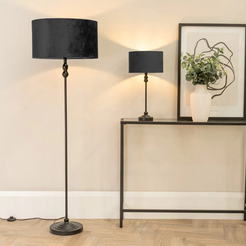 Maggie Drum Shade Candlestick LED Table Lamp - Black, Velvet