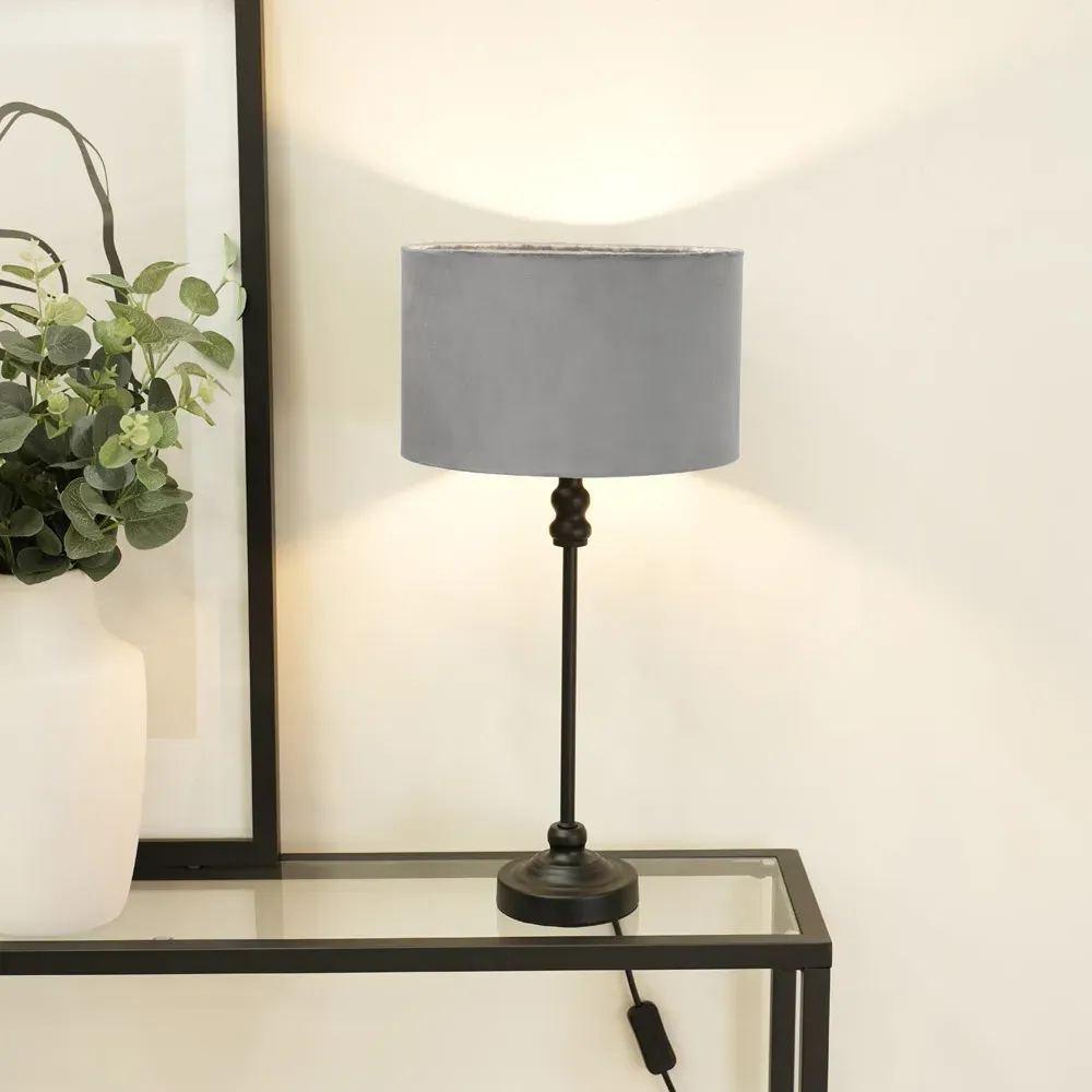 Maggie Drum Shade Candlestick LED Table Lamp - Black, Velvet