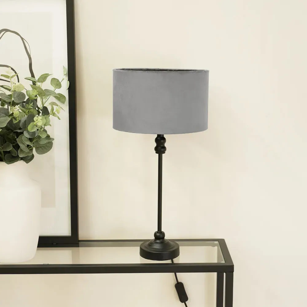 Maggie Drum Shade Candlestick LED Table Lamp - Black, Velvet