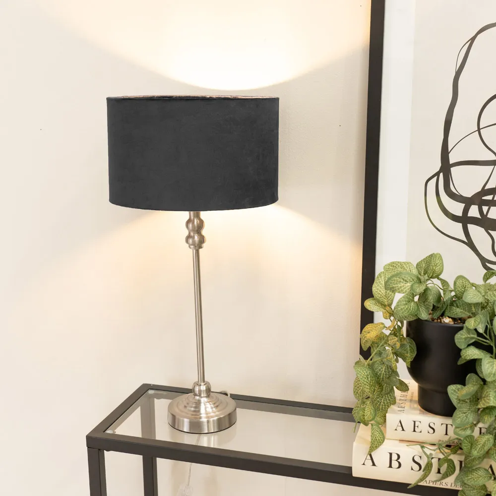 Maggie Drum Shade Candlestick LED Table Lamp - Silver, Velvet