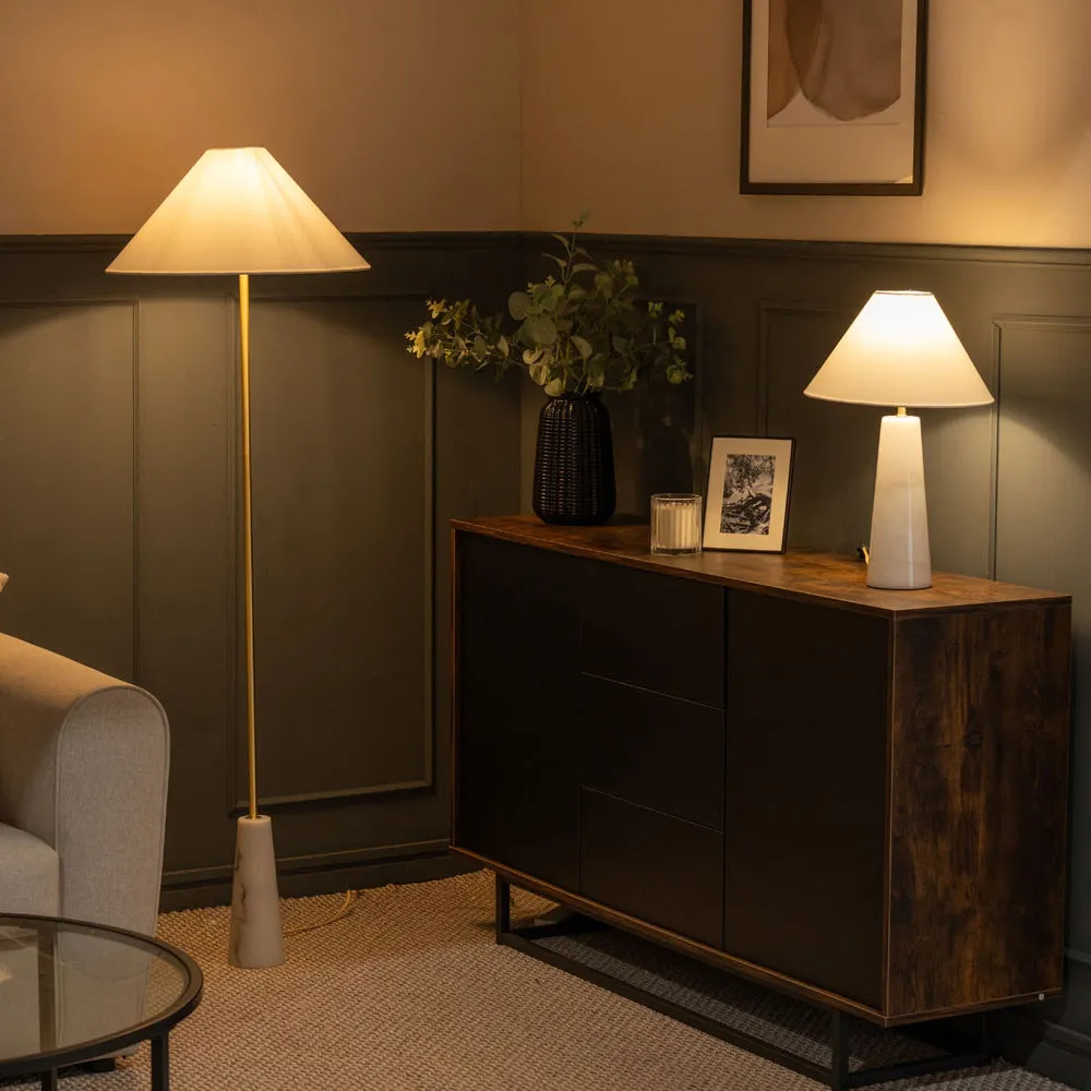 Margot Taper Shade LED Floor Lamp - White, Marble