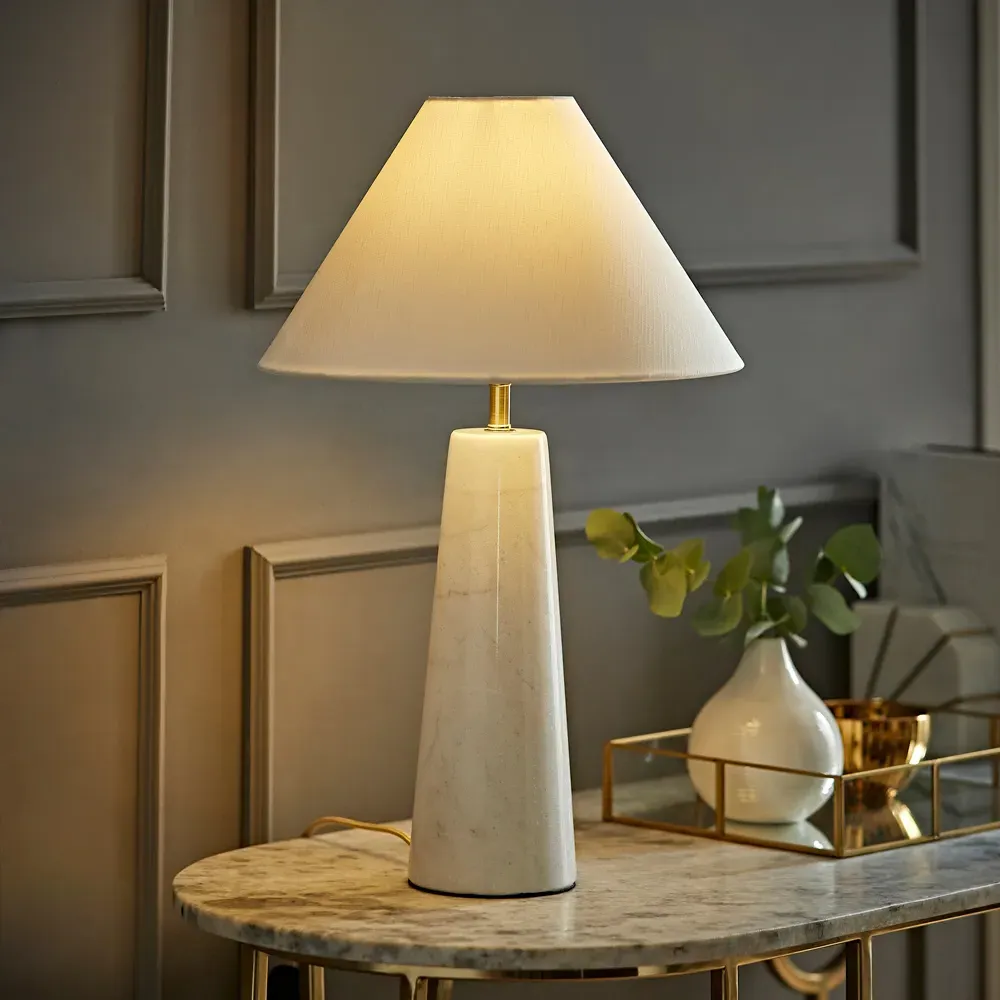 Margot Taper Shade LED Table Lamp - White, Marble