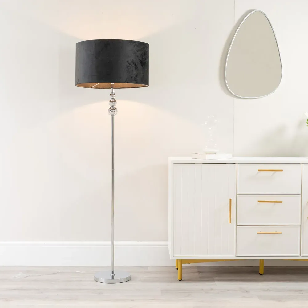 Marissa Reni Floor Lamp with Chrome Ball - Black, Velvet