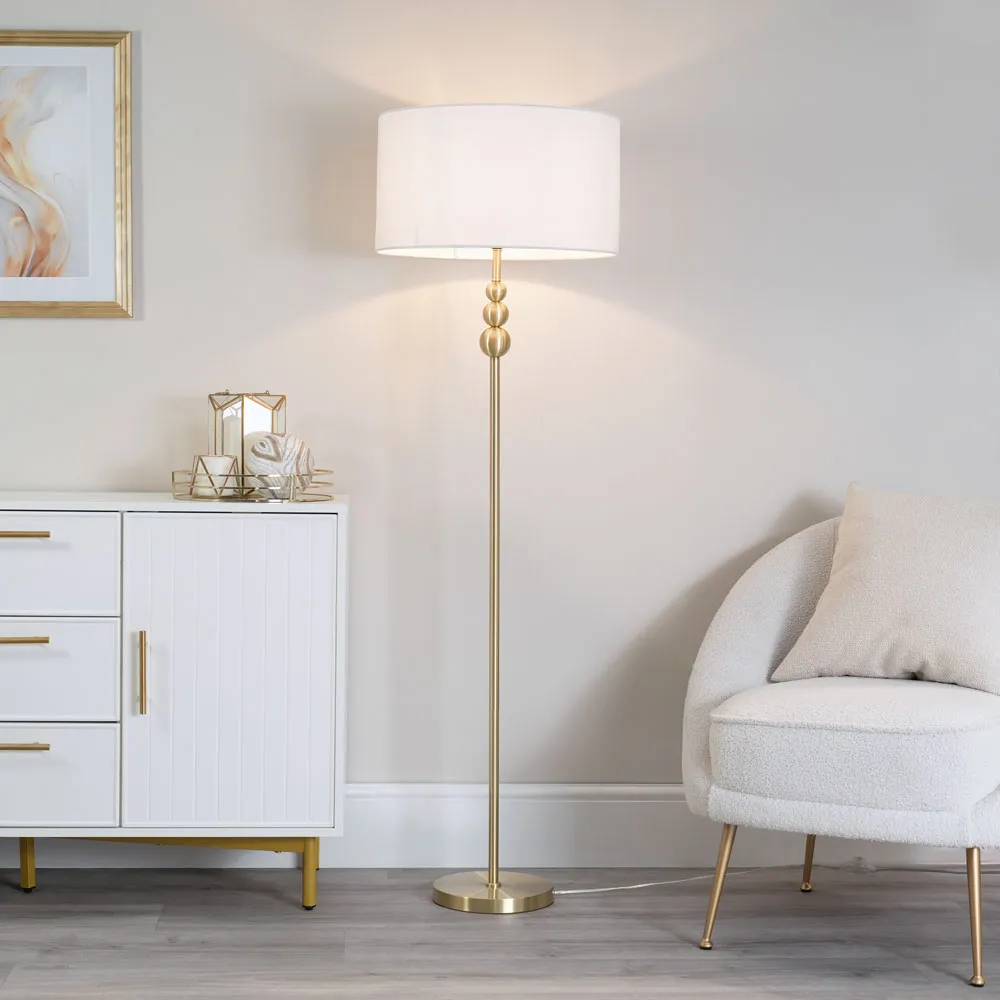 Marissa Stacked Ball Floor Lamp - Gold, White Fabric