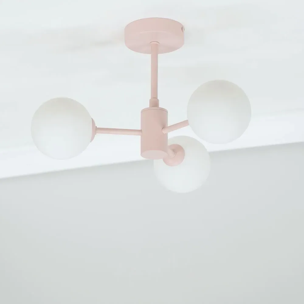 Marlow 3 Arm Globe LED Ceiling Light - Blush Pink, Glass