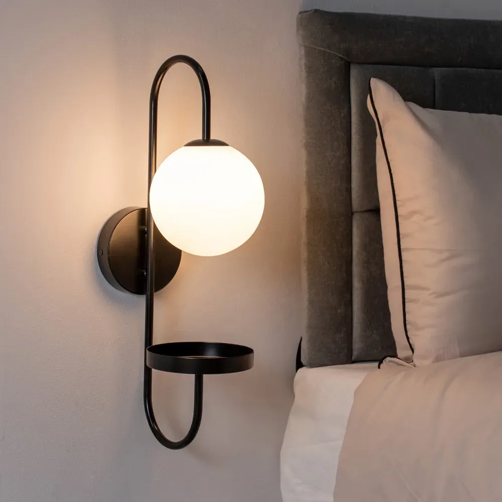 Milo Curved Wall Light with Shelf - Black, Frosted Glass