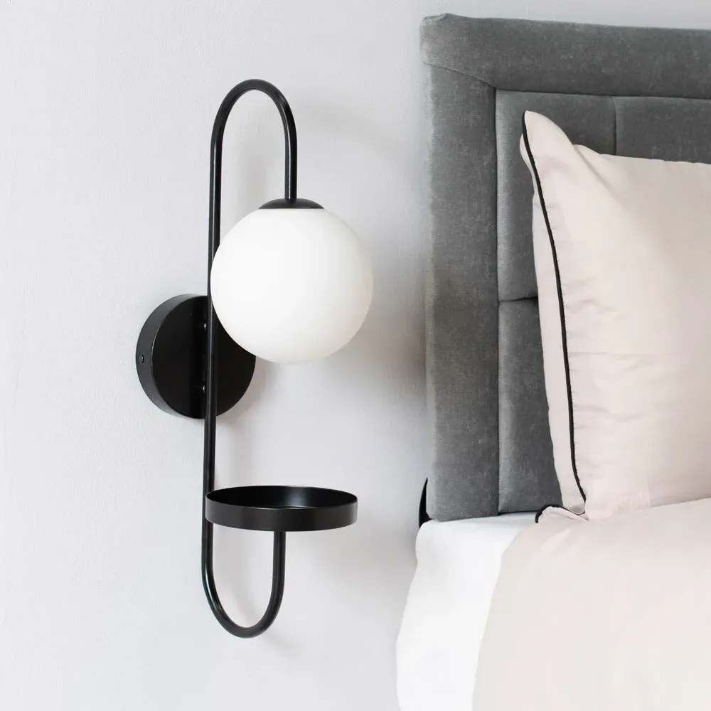 Milo Curved Wall Light with Shelf - Black, Frosted Glass