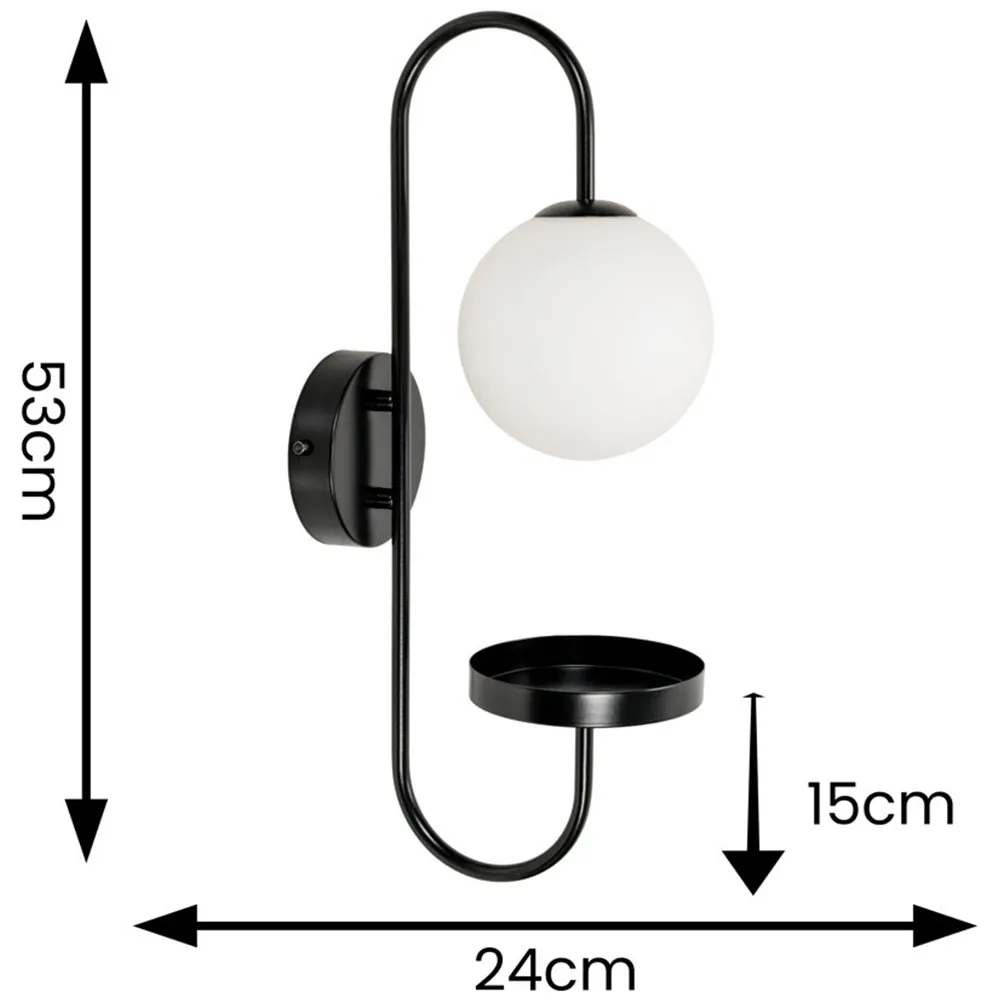 Milo Curved Wall Light with Shelf - Black, Frosted Glass