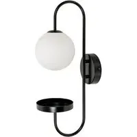 Milo Curved Wall Light with Shelf - Black, Frosted Glass