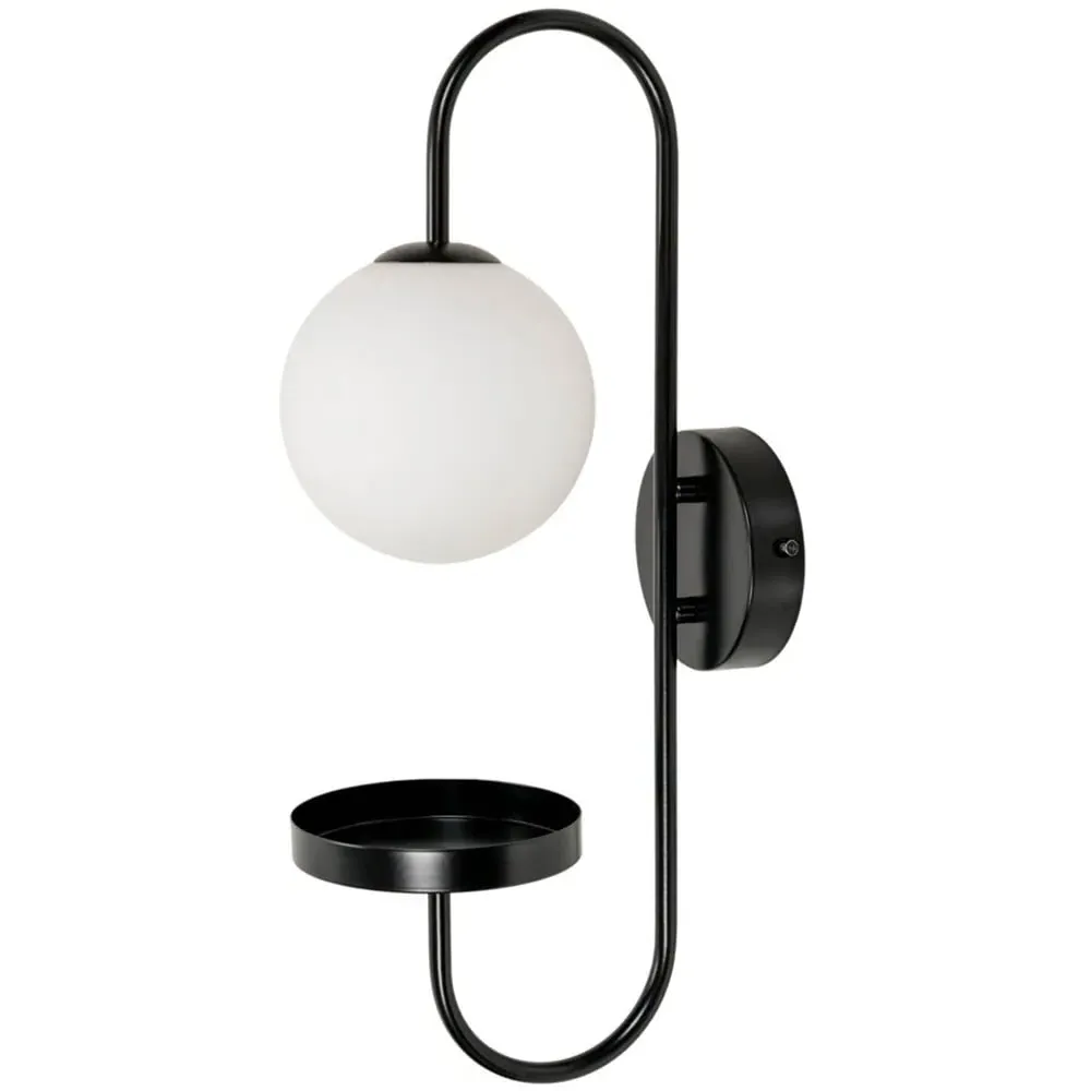 Milo Curved Wall Light with Shelf - Black, Frosted Glass