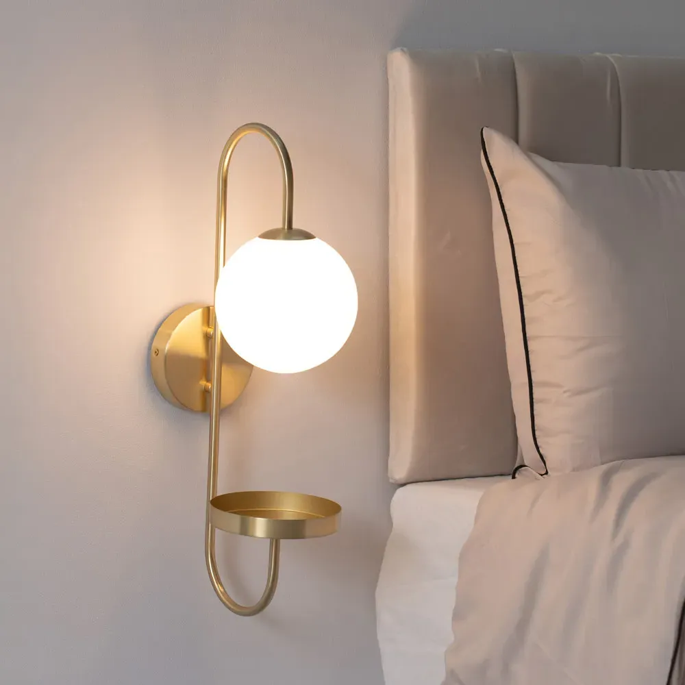 Milo Curved Wall Light with Shelf - Gold, Frosted Glass