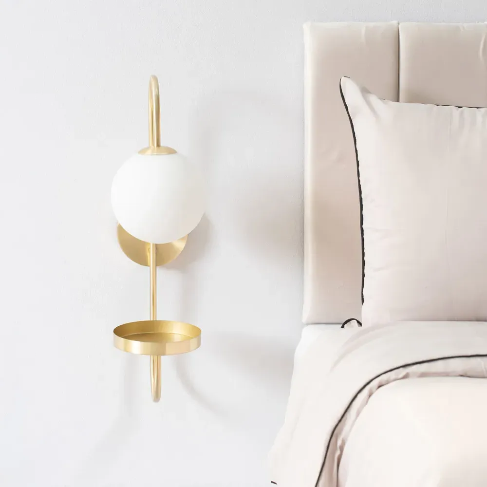 Milo Curved Wall Light with Shelf - Gold, Frosted Glass