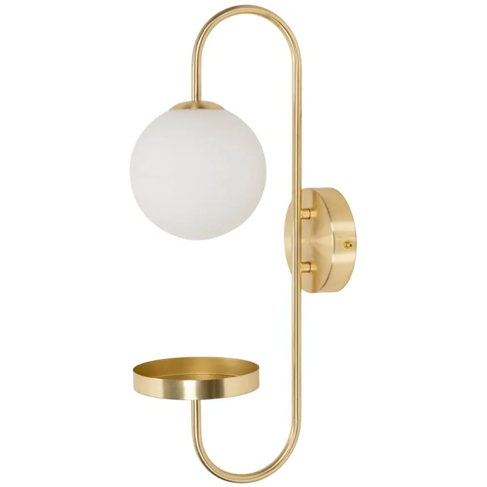 Milo Curved Wall Light with Shelf - Gold, Frosted Glass