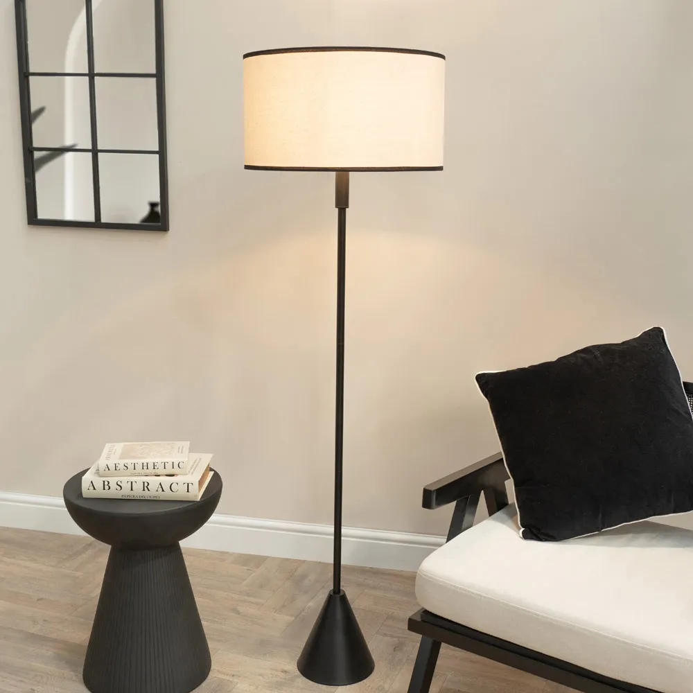 Mitch Triangle Floor Lamp with Black Trim - Black, Linen