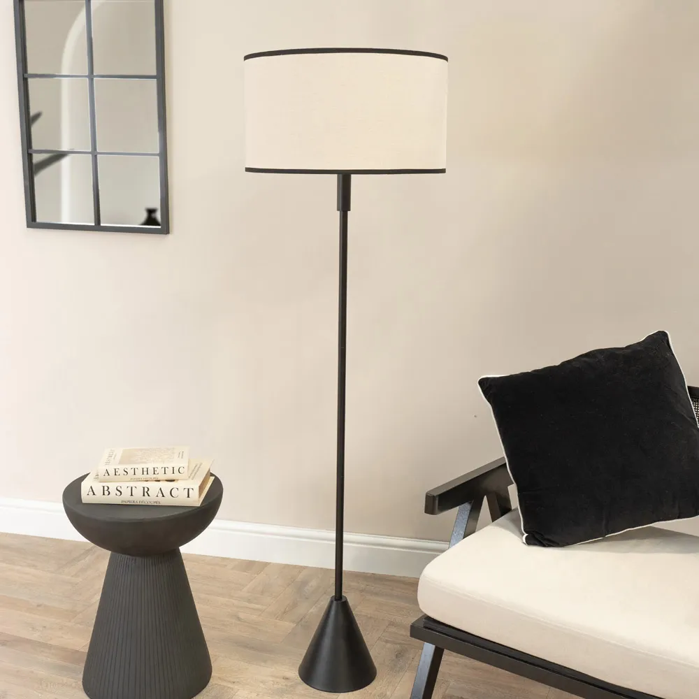 Mitch Triangle Floor Lamp with Black Trim - Black, Linen