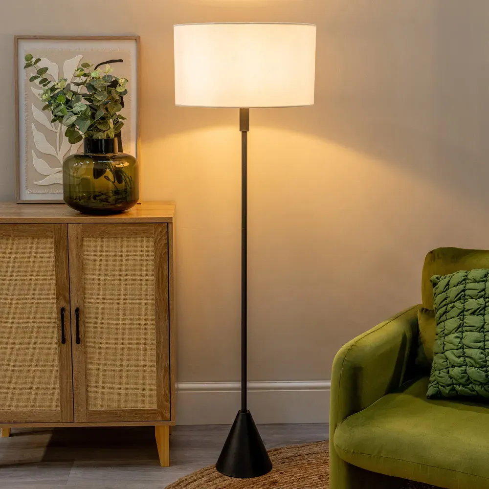 Mitch Triangle Floor Lamp with White Trim - Black, Linen