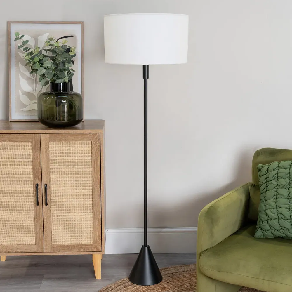 Mitch Triangle Floor Lamp with White Trim - Black, Linen
