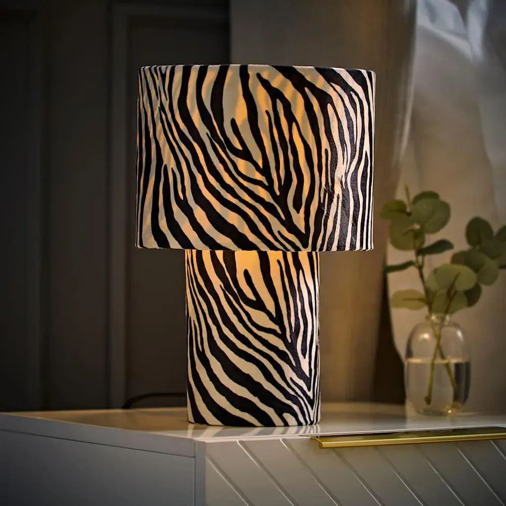 Nessa Zebra Pattern Table Lamp with Bulb - White, Velvet