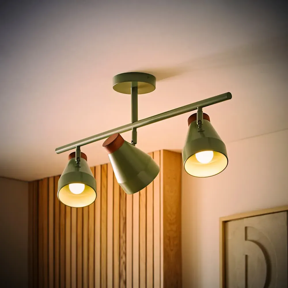 Parker 3 Way Ceiling Light with Bulbs - Green, Walnut