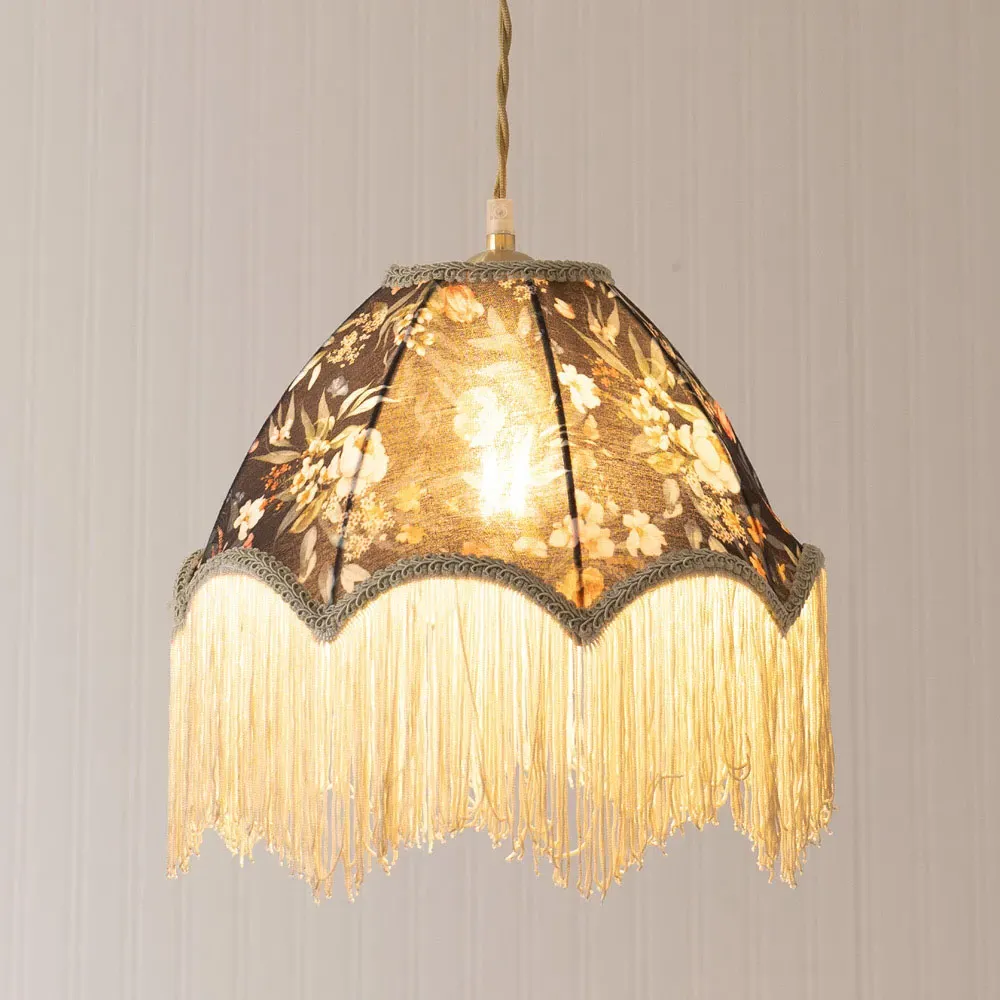 Peony Scalloped Floral Fabric Lamp Shade with Tassels - Multi