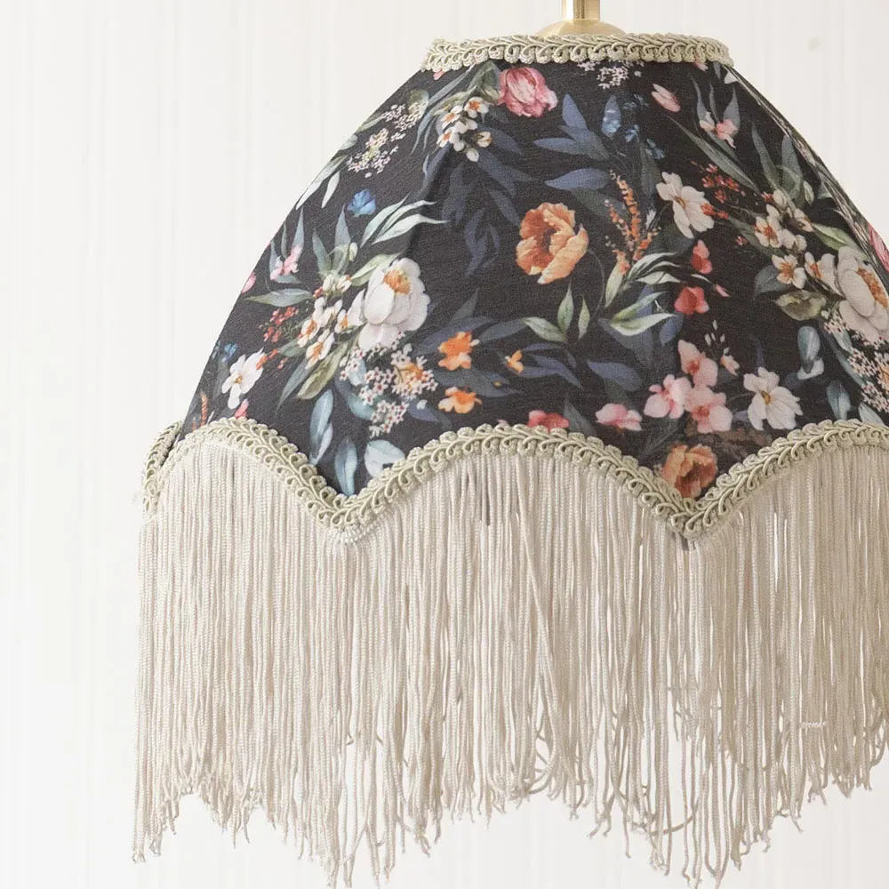 Peony Scalloped Floral Fabric Lamp Shade with Tassels - Multi
