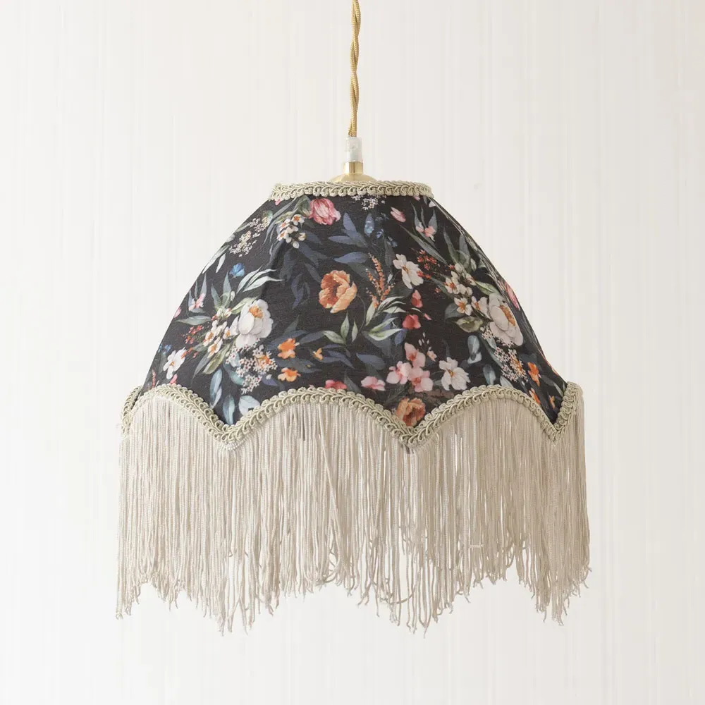 Peony Scalloped Floral Fabric Lamp Shade with Tassels - Multi