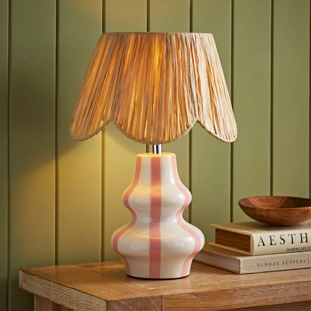 Perrie Striped Ceramic Table Lamp with Raffia Shade - Pink