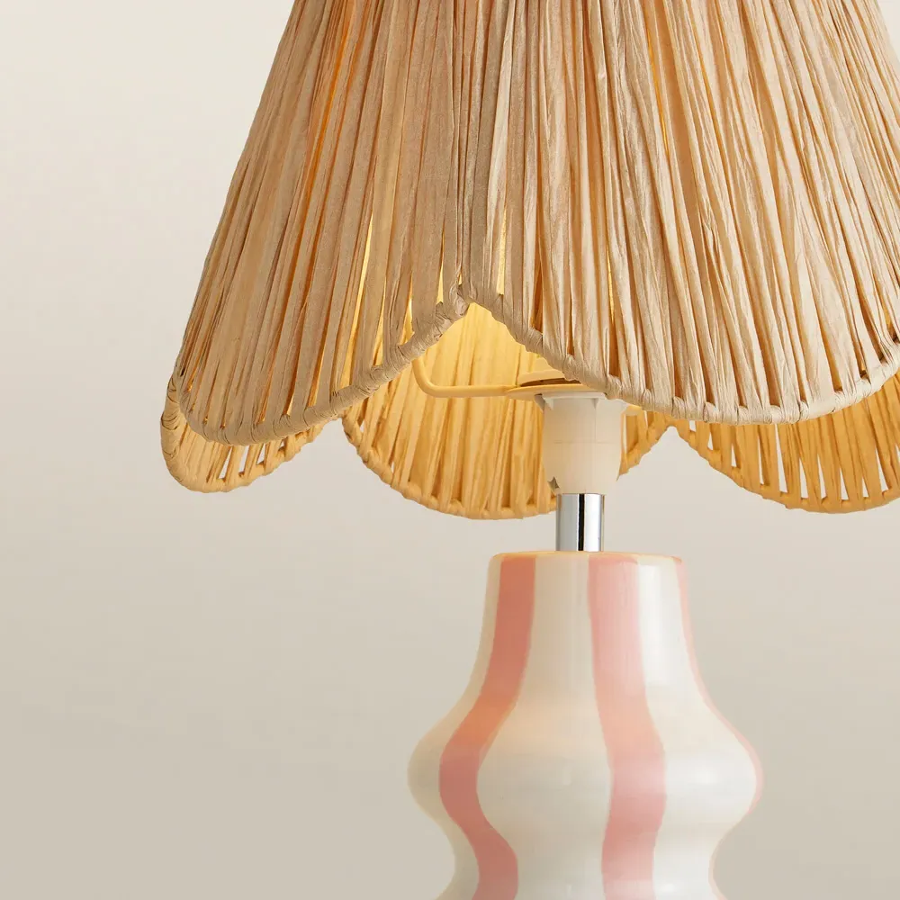 Perrie Striped Ceramic Table Lamp with Raffia Shade - Pink