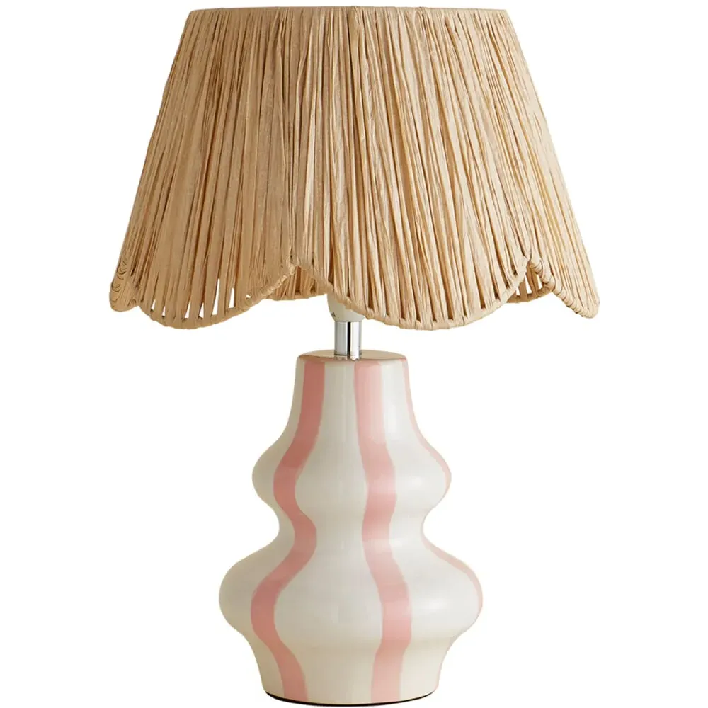 Perrie Striped Ceramic Table Lamp with Raffia Shade - Pink image