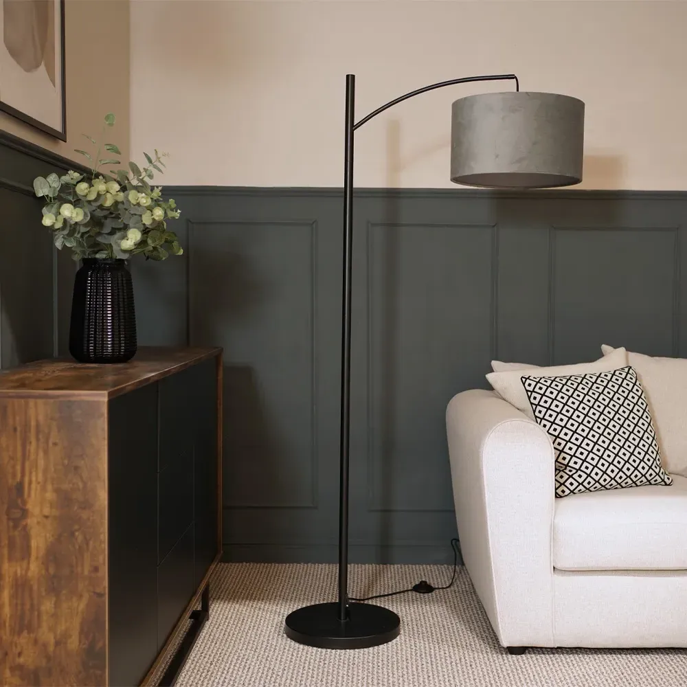 Preto Curved Floor Lamp with Foot Switch - Black, Velvet