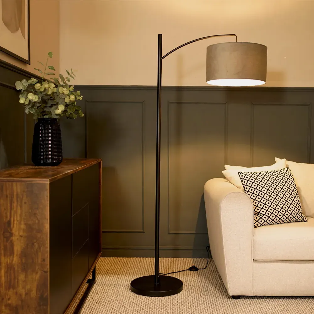 Preto Curved Floor Lamp with Foot Switch - Black, Velvet