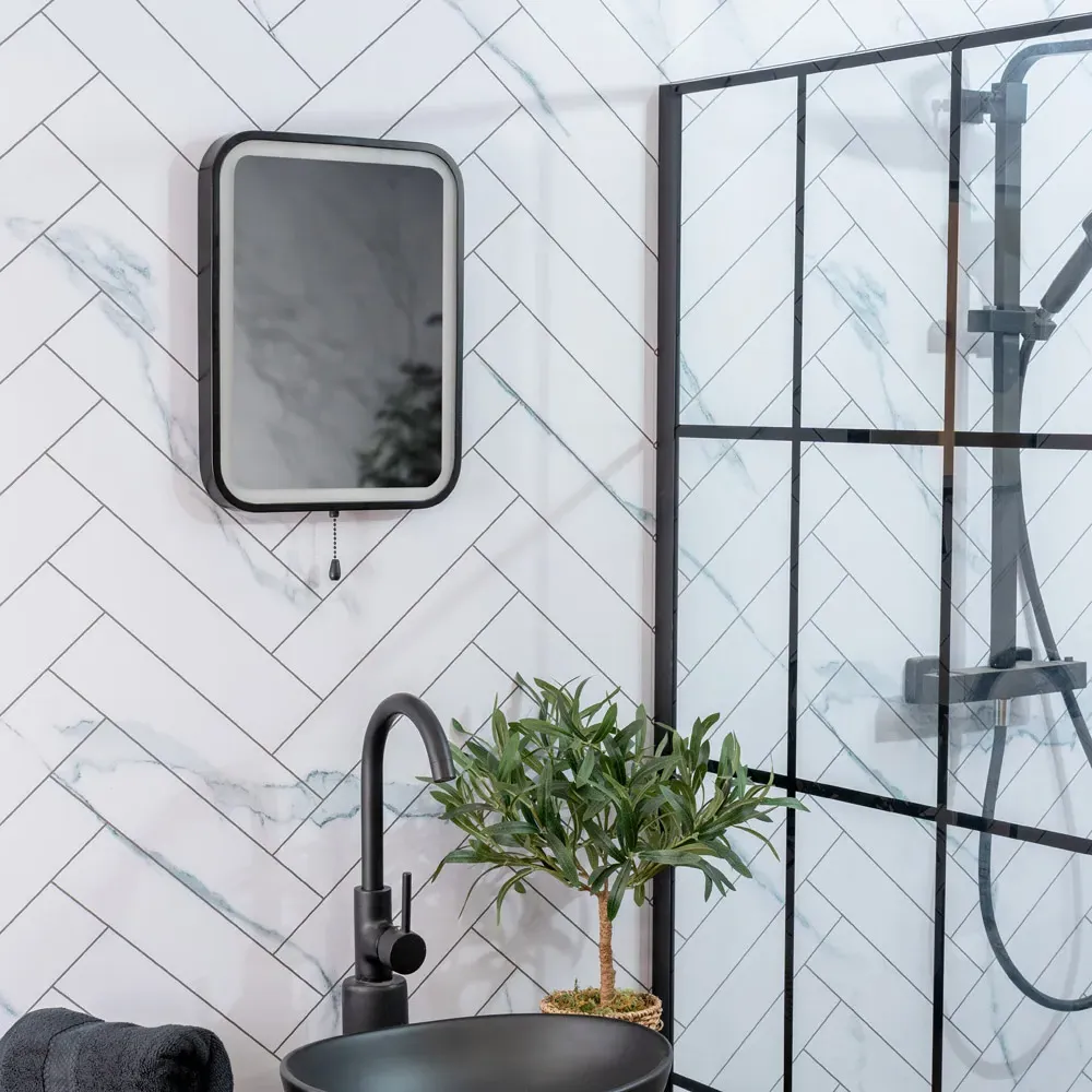 Rectangle Battery Operated Mirror with Pull Switch - Black