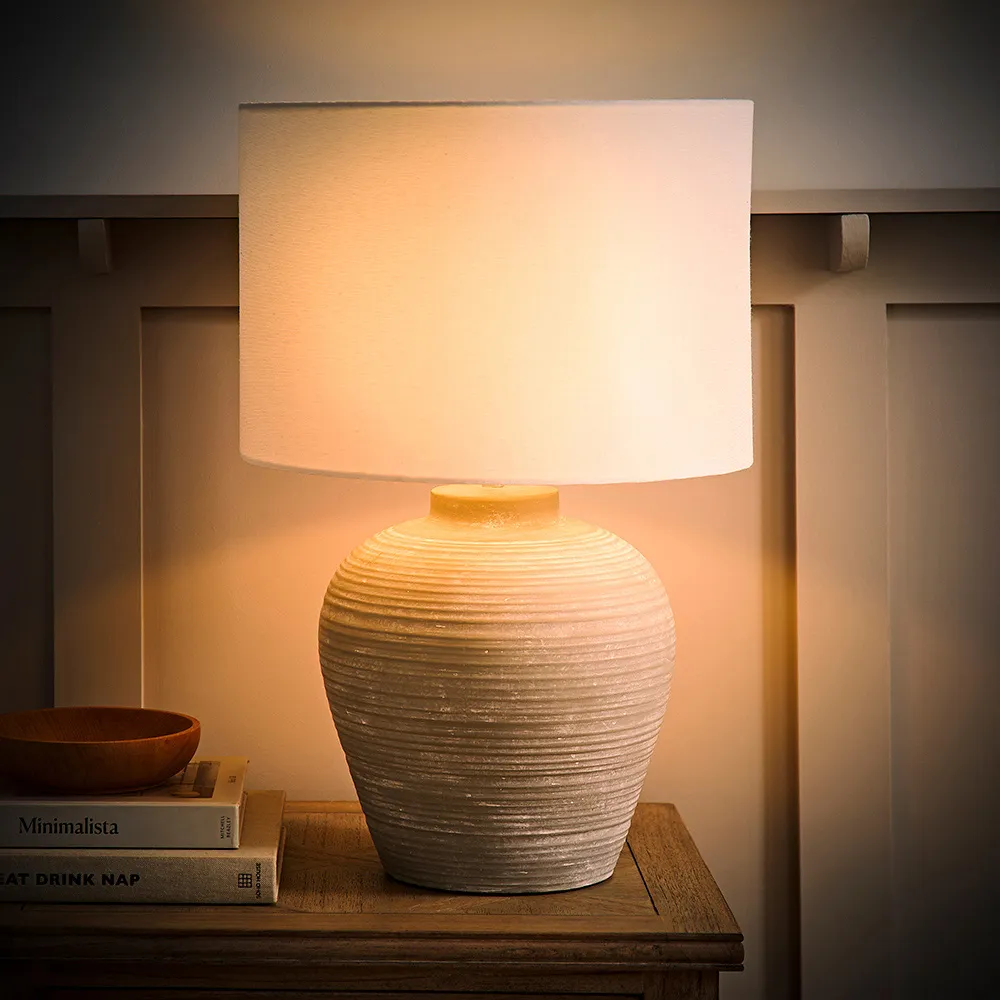 Reid Large Table Lamp with Linen Drum Shade - Grey, Ceramic