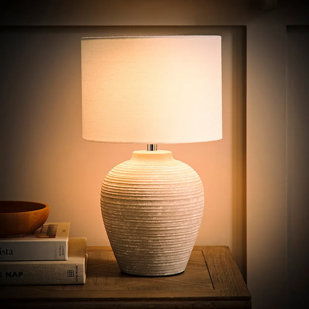 Reid Small Table Lamp with Linen Drum Shade - Grey, Ceramic