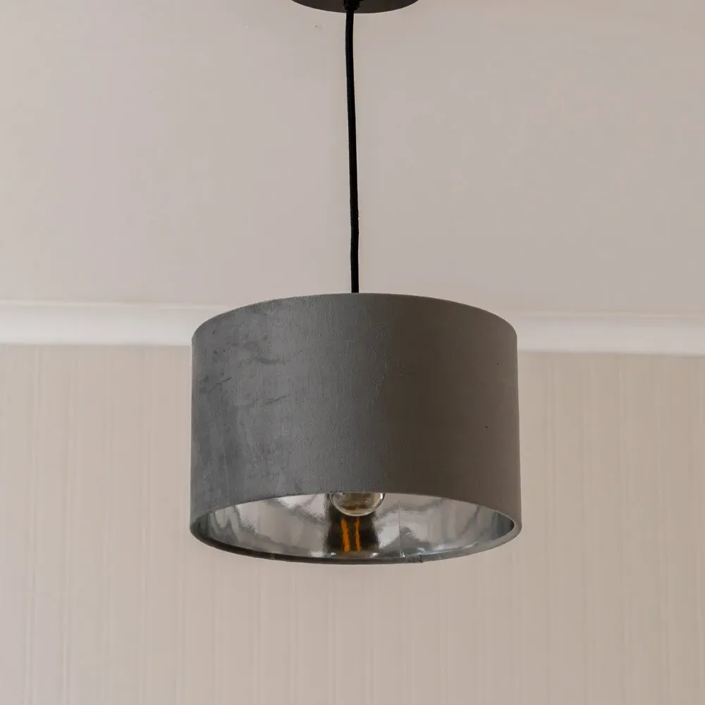 Reni 25cm Drum Ceiling Lamp Shade - Grey, Velvet