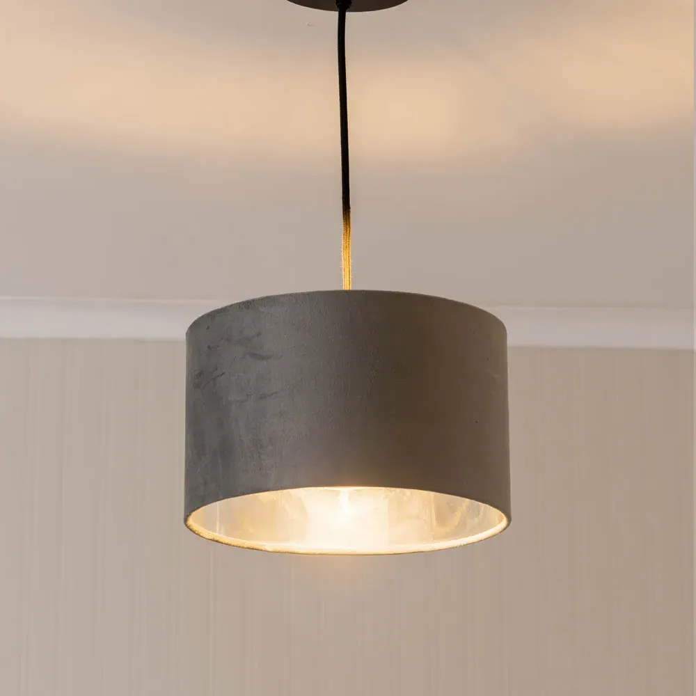 Reni 25cm Drum Ceiling Lamp Shade - Grey, Velvet