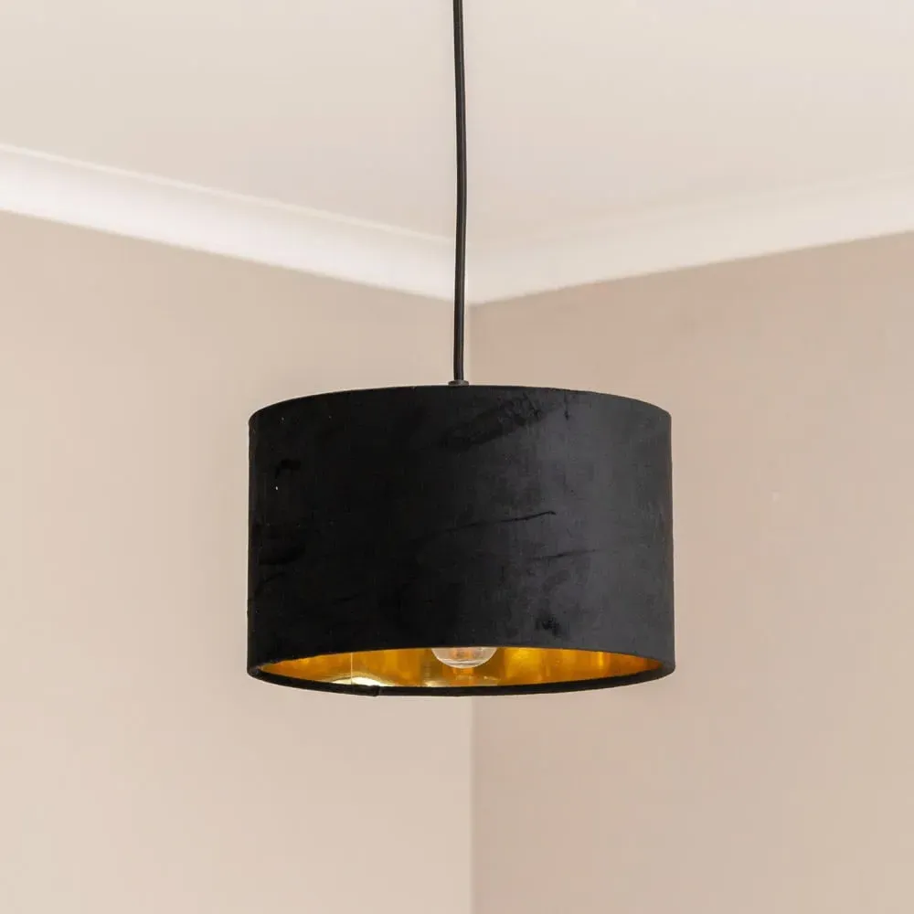 Reni 25cm Drum Ceiling Lamp Shade with Gold Inner - Black, Velvet
