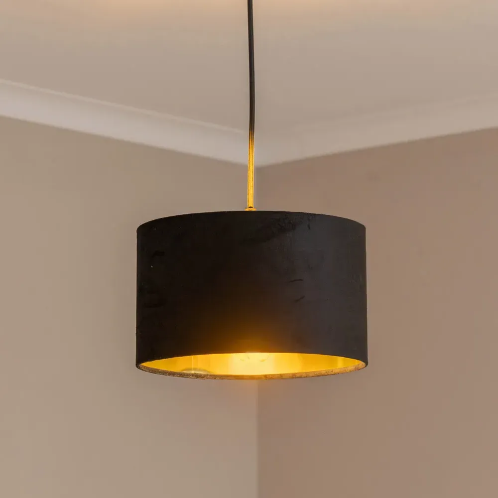 Reni 25cm Drum Ceiling Lamp Shade with Gold Inner - Black, Velvet