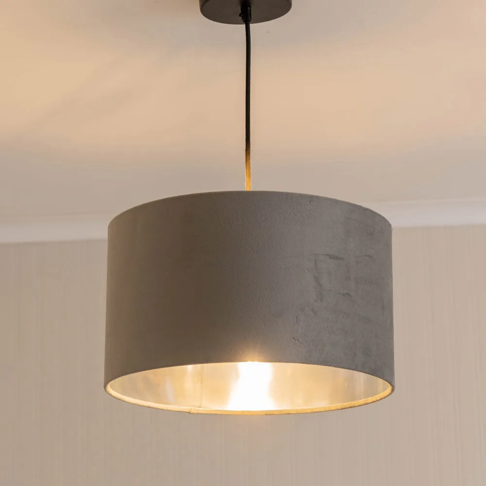 Reni 35cm Drum Ceiling Lamp Shade - Grey, Velvet