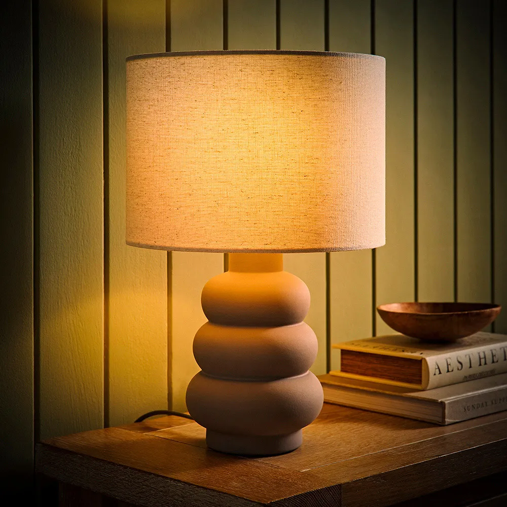 Rochelle Drum Shade Ceramic Table Lamp with Bulb - Grey, Linen
