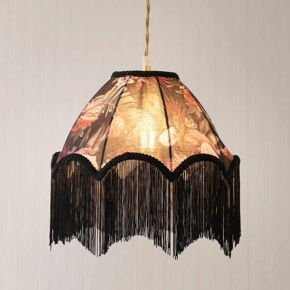 Rosette Scalloped Flamingo Fabric Lamp Shade with Tassels - Multi