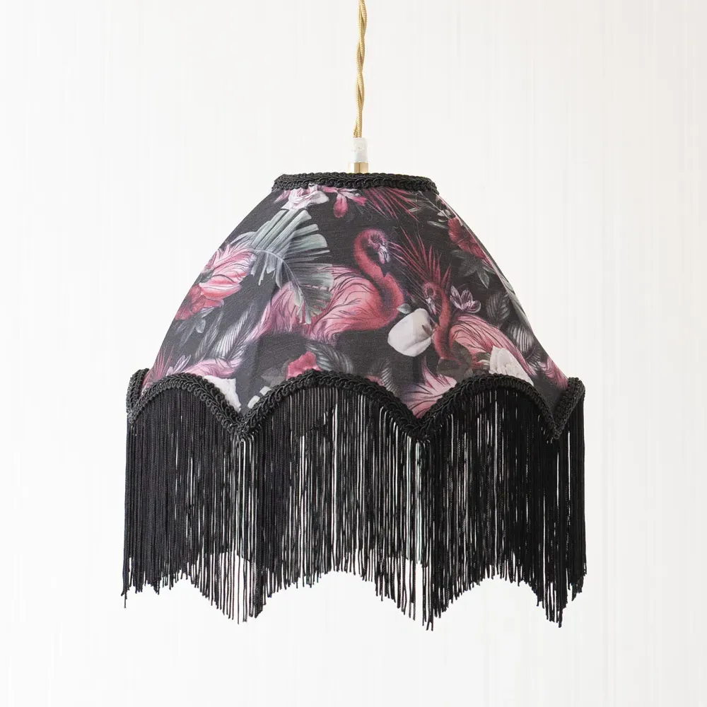Rosette Scalloped Flamingo Fabric Lamp Shade with Tassels - Multi